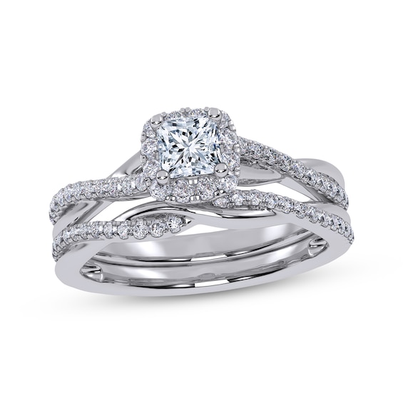 Adore Princess-Cut Diamond Halo Twist Shank Bridal Set 1/2 ct tw 14K White Gold