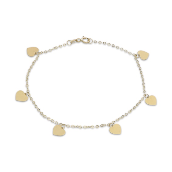 Heart Dangle Station Bracelet Solid 10K Yellow Gold 7.5"