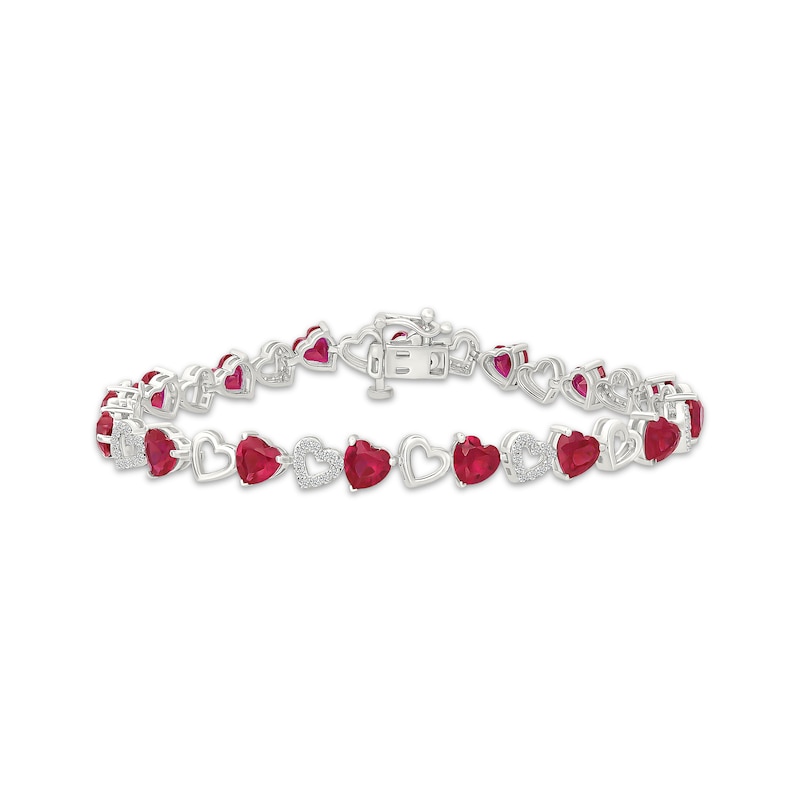 Main Image 1 of Heart-Shaped Lab-Created Ruby & White Lab-Created Sapphire Alternating Link Bracelet Sterling Silver 7"