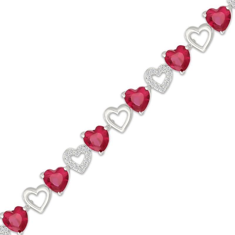 Main Image 2 of Heart-Shaped Lab-Created Ruby & White Lab-Created Sapphire Alternating Link Bracelet Sterling Silver 7"