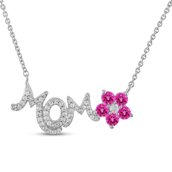 Pink & White Lab-Created Sapphire "Mom" Flower Necklace Sterling Silver 17"