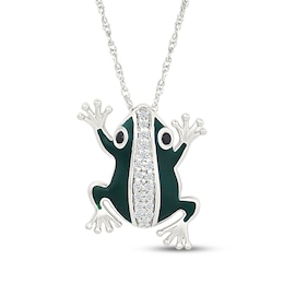 Black & White Diamond Green Enamel Frog Necklace 1/10 ct tw Sterling Silver 18"
