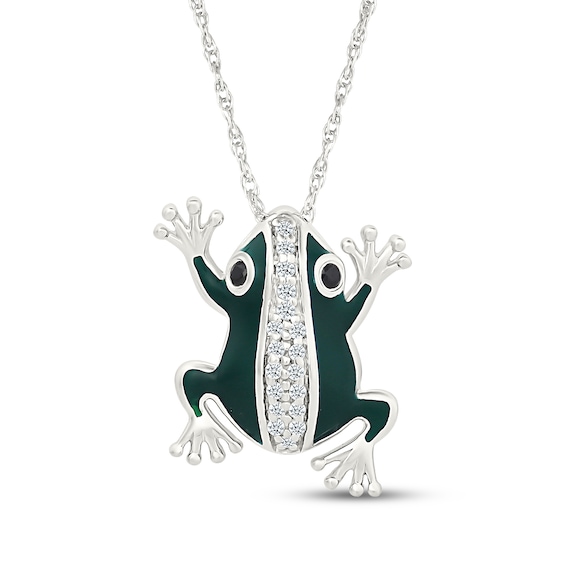 Black & White Diamond Green Enamel Frog Necklace 1/10 ct tw Sterling Silver 18"