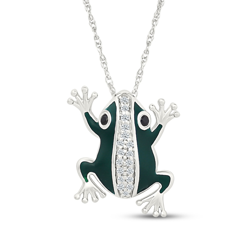 Main Image 1 of Black & White Diamond Green Enamel Frog Necklace 1/10 ct tw Sterling Silver 18"
