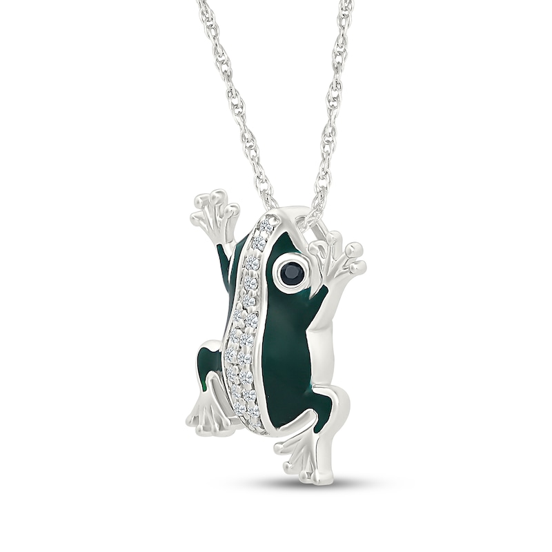 Main Image 2 of Black & White Diamond Green Enamel Frog Necklace 1/10 ct tw Sterling Silver 18"