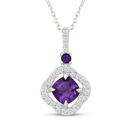 Cushion-Cut Amethyst & White Lab-Created Sapphire Swirl Halo Necklace Sterling Silver 18"