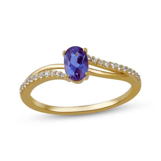 Oval-Cut Lab-Created Alexandrite & White Lab-Created Sapphire Ring 10K Yellow Gold