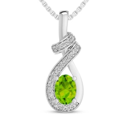 Oval-Cut Peridot & White Lab-Created Sapphire Ribbon Drop Necklace Sterling Silver 18"