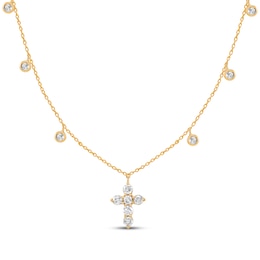 Diamond Cross & Bezel-Set Dangle Station Necklace 1/2 ct tw 14K Yellow Gold 18"