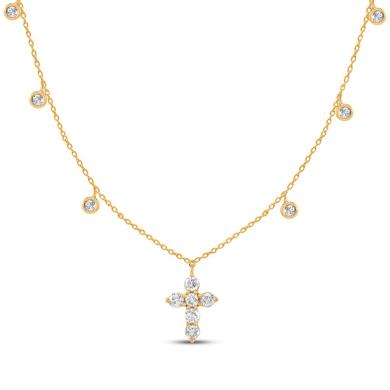 Main Image 1 of Diamond Cross & Bezel-Set Dangle Station Necklace 1/2 ct tw 14K Yellow Gold 18"
