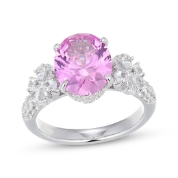 Oval-Cut Pink Lab-Created Sapphire & White Lab-Created Sapphire Flower Ring Sterling Silver