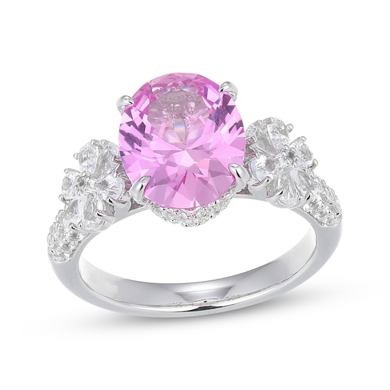 Oval-Cut Pink Lab-Created Sapphire & White Lab-Created Sapphire Flower Ring Sterling Silver