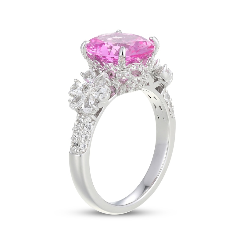 Main Image 2 of Oval-Cut Pink Lab-Created Sapphire & White Lab-Created Sapphire Flower Ring Sterling Silver