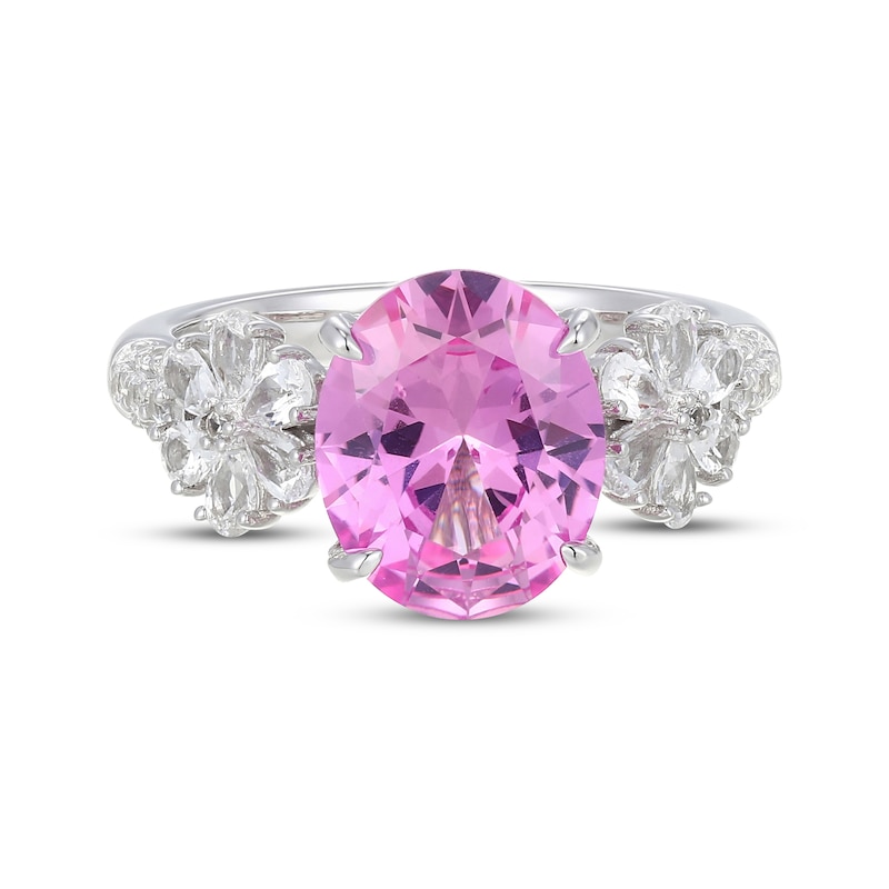 Main Image 3 of Oval-Cut Pink Lab-Created Sapphire & White Lab-Created Sapphire Flower Ring Sterling Silver