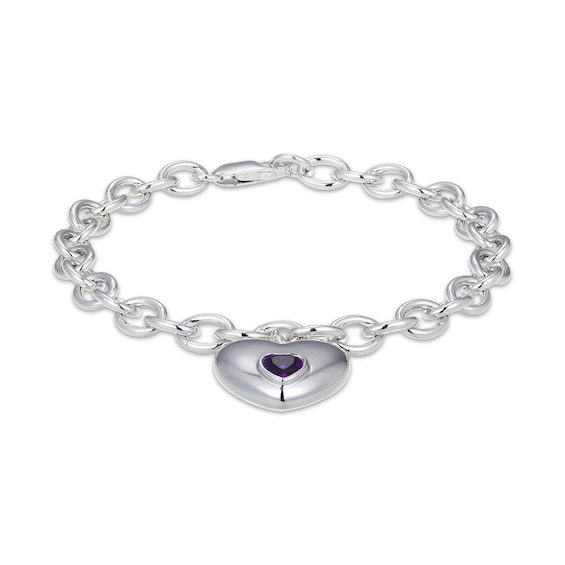 Heart-Shaped Amethyst Heart Bezel-Set Charm Bracelet Sterling Silver 7.25"