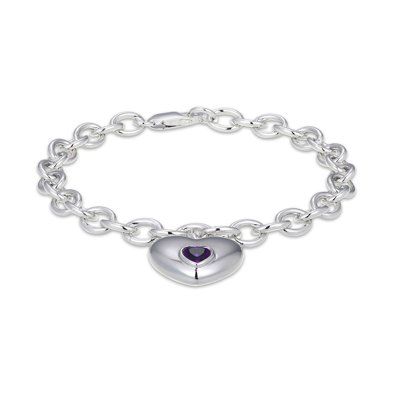 Main Image 1 of Heart-Shaped Amethyst Heart Bezel-Set Charm Bracelet Sterling Silver 7.25"