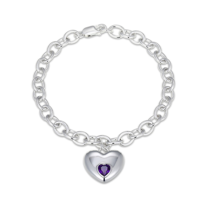 Main Image 2 of Heart-Shaped Amethyst Heart Bezel-Set Charm Bracelet Sterling Silver 7.25"