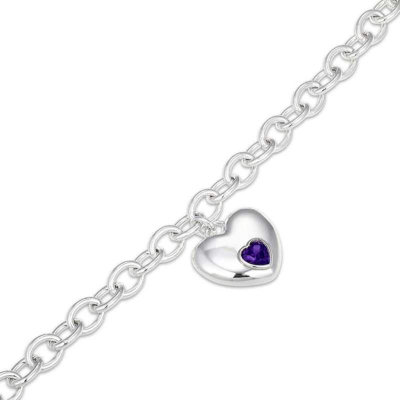 Main Image 3 of Heart-Shaped Amethyst Heart Bezel-Set Charm Bracelet Sterling Silver 7.25"