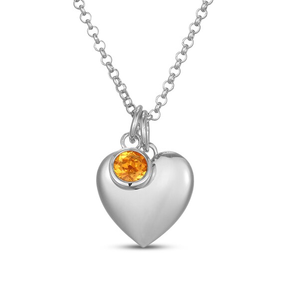 Citrine & Puff Heart Charm Toggle Necklace Sterling Silver 18"