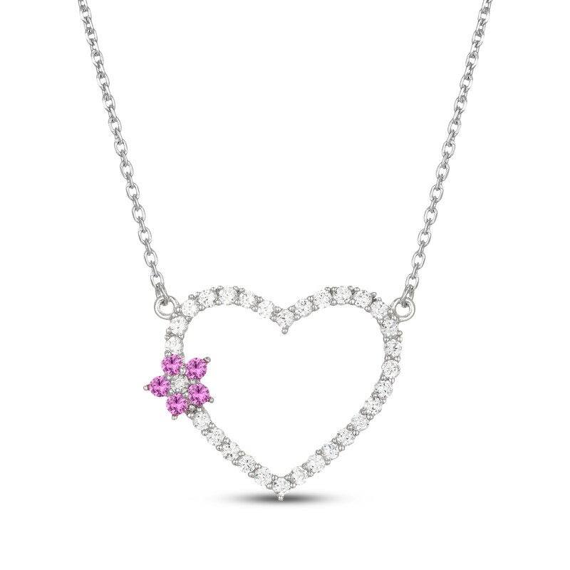 Main Image 1 of Pink & White Lab-Created Sapphire Flower Heart Necklace Sterling Silver 18"