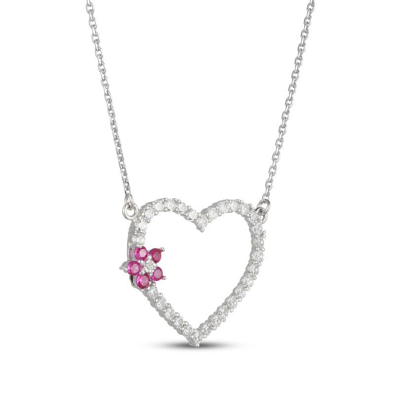 Main Image 2 of Pink & White Lab-Created Sapphire Flower Heart Necklace Sterling Silver 18"