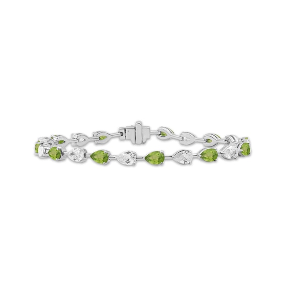 Pear-Shaped Peridot & White Lab-Created Sapphire Bracelet Sterling Silver 7.5"