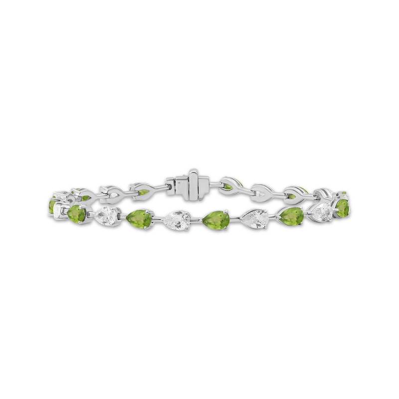 Main Image 1 of Pear-Shaped Peridot & White Lab-Created Sapphire Bracelet Sterling Silver 7.5"