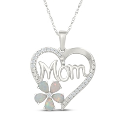 Pear-Shaped Lab-Created Opal & White Lab-Created Sapphire Heart "Mom" Necklace Sterling Silver 18"