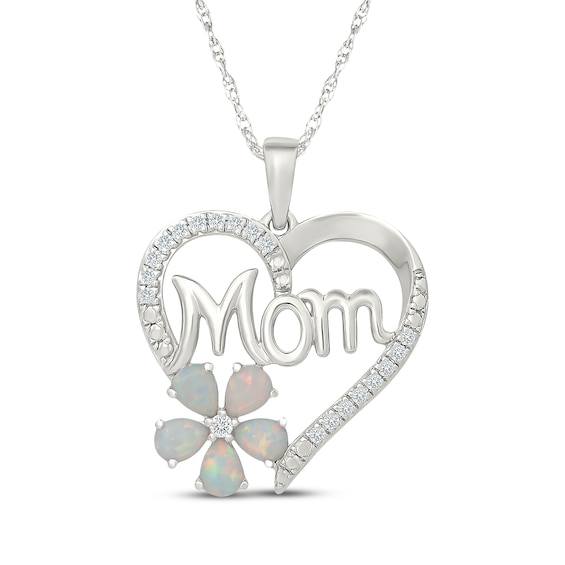 Pear-Shaped Lab-Created Opal & White Lab-Created Sapphire Heart "Mom" Necklace Sterling Silver 18"