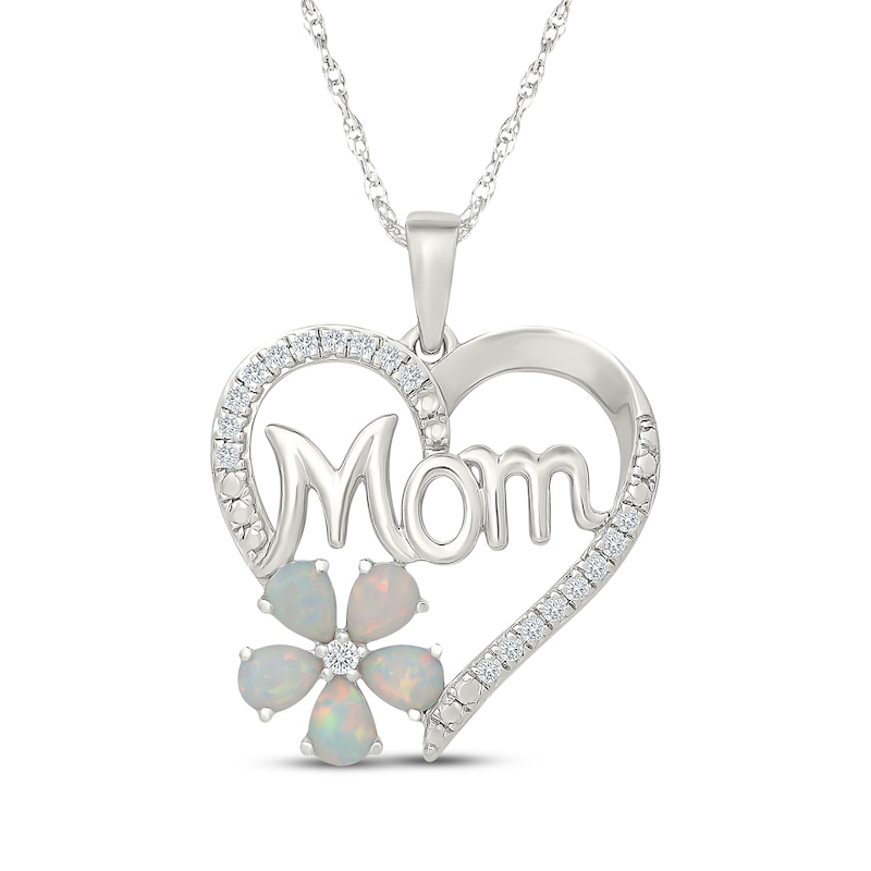 Main Image 1 of Pear-Shaped Lab-Created Opal & White Lab-Created Sapphire Heart "Mom" Necklace Sterling Silver 18"