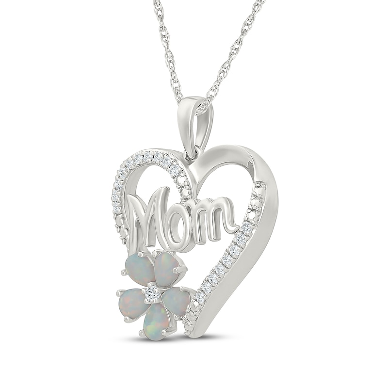 Main Image 2 of Pear-Shaped Lab-Created Opal & White Lab-Created Sapphire Heart "Mom" Necklace Sterling Silver 18"