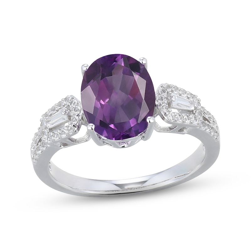 Main Image 1 of Oval-Cut Amethyst & Baguette- and Round-Cut White Lab-Created Sapphire Ring Sterling Silver