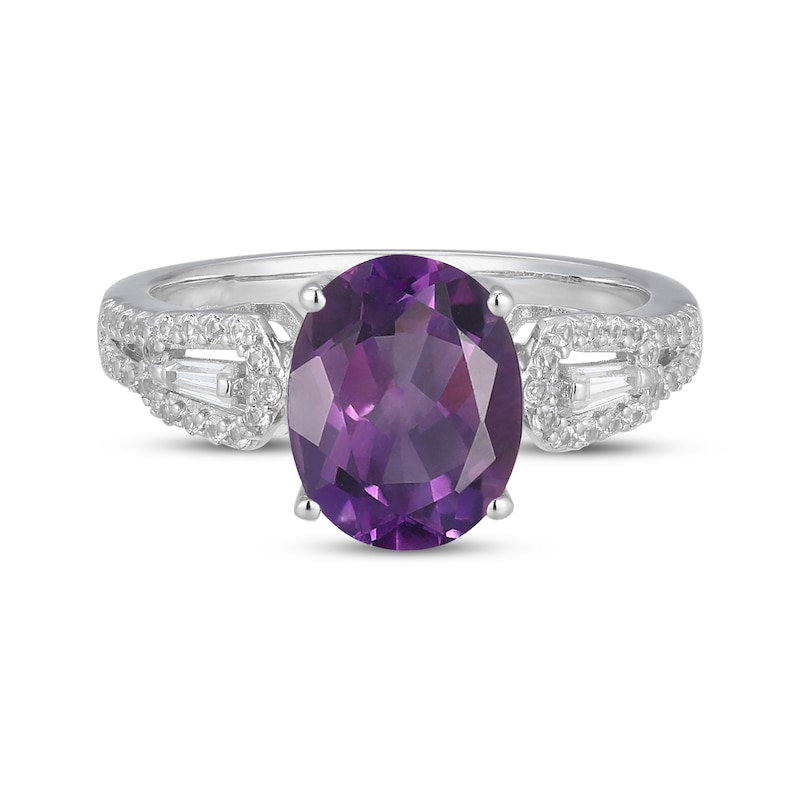 Main Image 3 of Oval-Cut Amethyst & Baguette- and Round-Cut White Lab-Created Sapphire Ring Sterling Silver