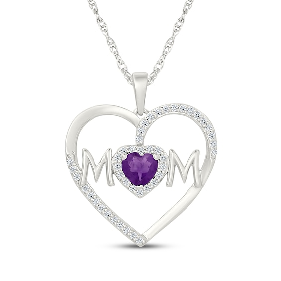 Heart-Shaped Amethyst & White Lab-Created Sapphire "Mom" Heart Necklace Sterling Silver 18"