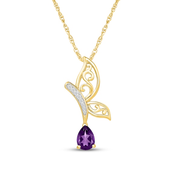 Pear-Shaped Amethyst & White Lab-Created Sapphire Butterfly Necklace 24K Yellow Gold Vermeil Sterling Silver 18"
