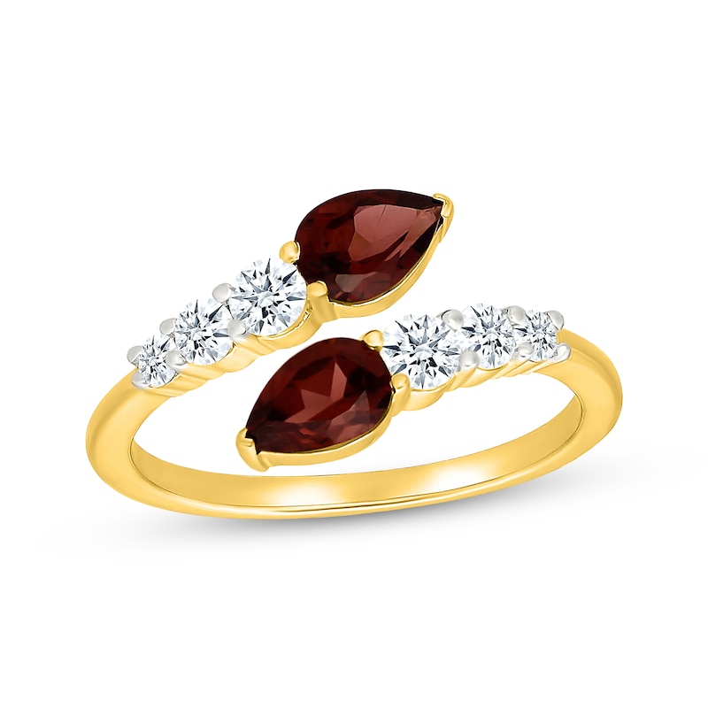 Main Image 1 of Pear-Shaped Garnet & White Lab-Created Sapphire Bypass Ring 10K Yellow Gold