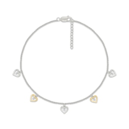 Diamond Hearts Dangle Anklet 1/20 ct tw Sterling Silver & 10K Yellow Gold 10"