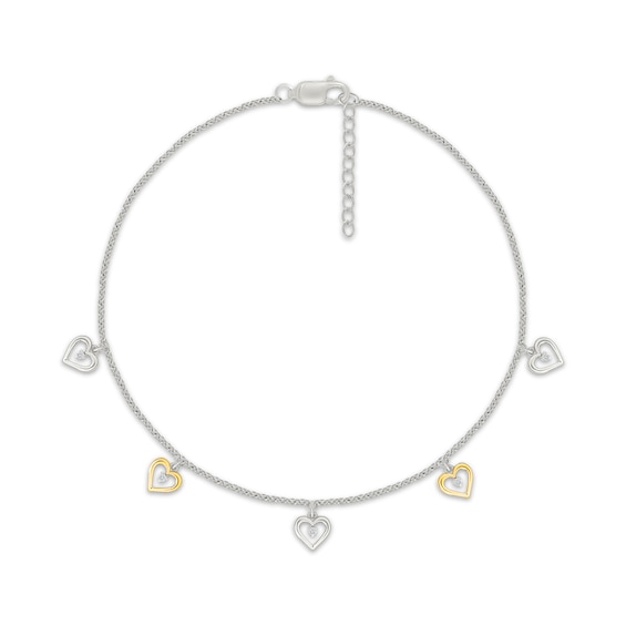 Diamond Hearts Dangle Anklet 1/20 ct tw Sterling Silver & 10K Yellow Gold 10"