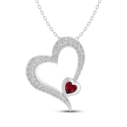 Heart-Shaped Lab-Created Ruby & White Lab-Created Sapphire Heart Outline Necklace Sterling Silver 18"
