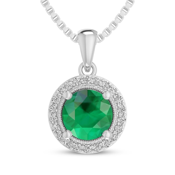 Lab-Created Emerald & White Lab-Created Sapphire Halo Necklace Sterling Silver 18"