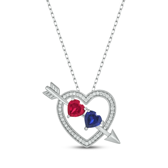Patriotic Heart-Shaped Blue Lab-Created Sapphire and Lab-Created Ruby & Diamond Cupid's Arrow Heart Necklace 1/6 ct tw Sterling Silver 18"