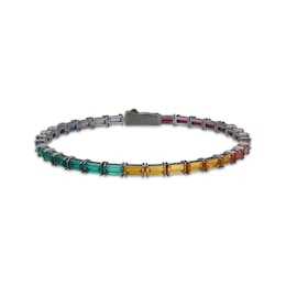 Men's Multicolor Baguette-Cut Lab-Created Gemstone Bracelet Matte Gunmetal Gray-Plated Sterling Silver 8.5"
