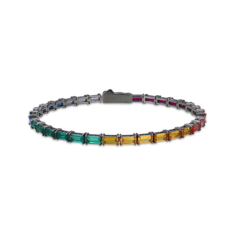 Main Image 1 of Men's Multicolor Baguette-Cut Lab-Created Gemstone Bracelet Matte Gunmetal Gray-Plated Sterling Silver 8.5"