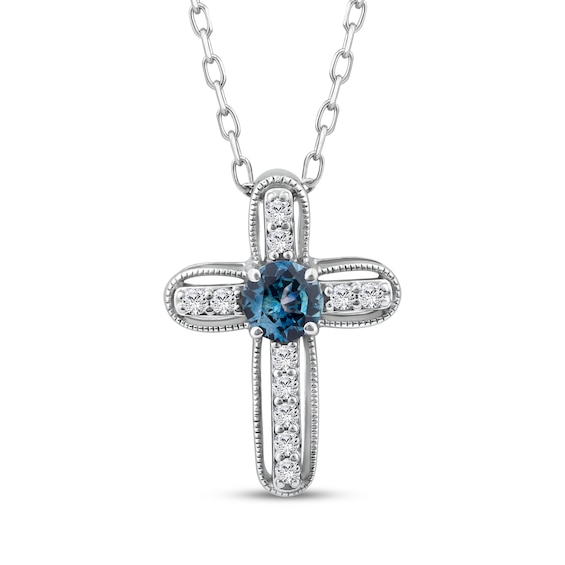 American Blue Sapphire & Diamond Cross Necklace 1/10 ct tw Sterling Silver 18"