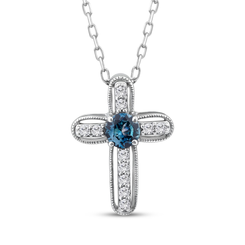 Main Image 1 of American Blue Sapphire & Diamond Cross Necklace 1/10 ct tw Sterling Silver 18"