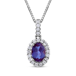 Oval-Cut Lab-Created Alexandrite & White Lab-Created Sapphire Halo Necklace Sterling Silver 18"