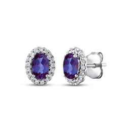 Oval-Cut Lab-Created Alexandrite & White Lab-Created Sapphire Halo Stud Earrings Sterling Silver