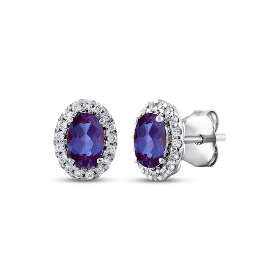 Oval-Cut Lab-Created Alexandrite & White Lab-Created Sapphire Halo Stud Earrings Sterling Silver
