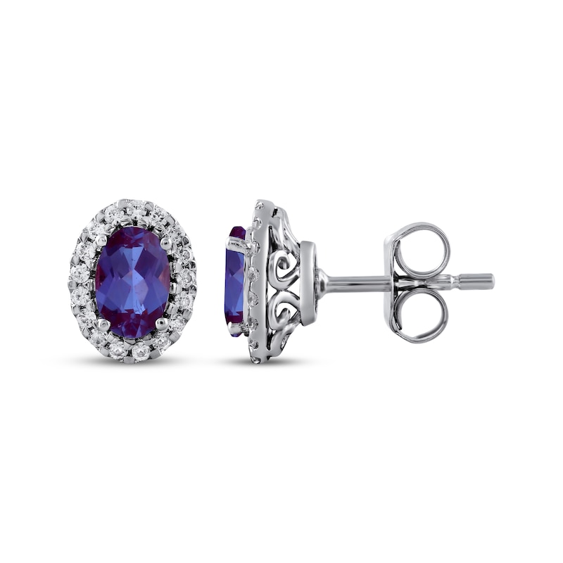 Main Image 3 of Oval-Cut Lab-Created Alexandrite & White Lab-Created Sapphire Halo Stud Earrings Sterling Silver