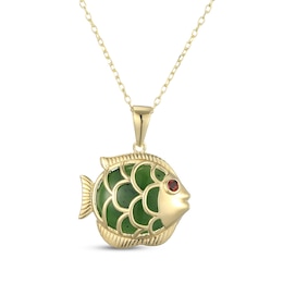 Nephrite Jade & Garnet Fish Necklace 18K Yellow Gold-Plated Sterling Silver 18"